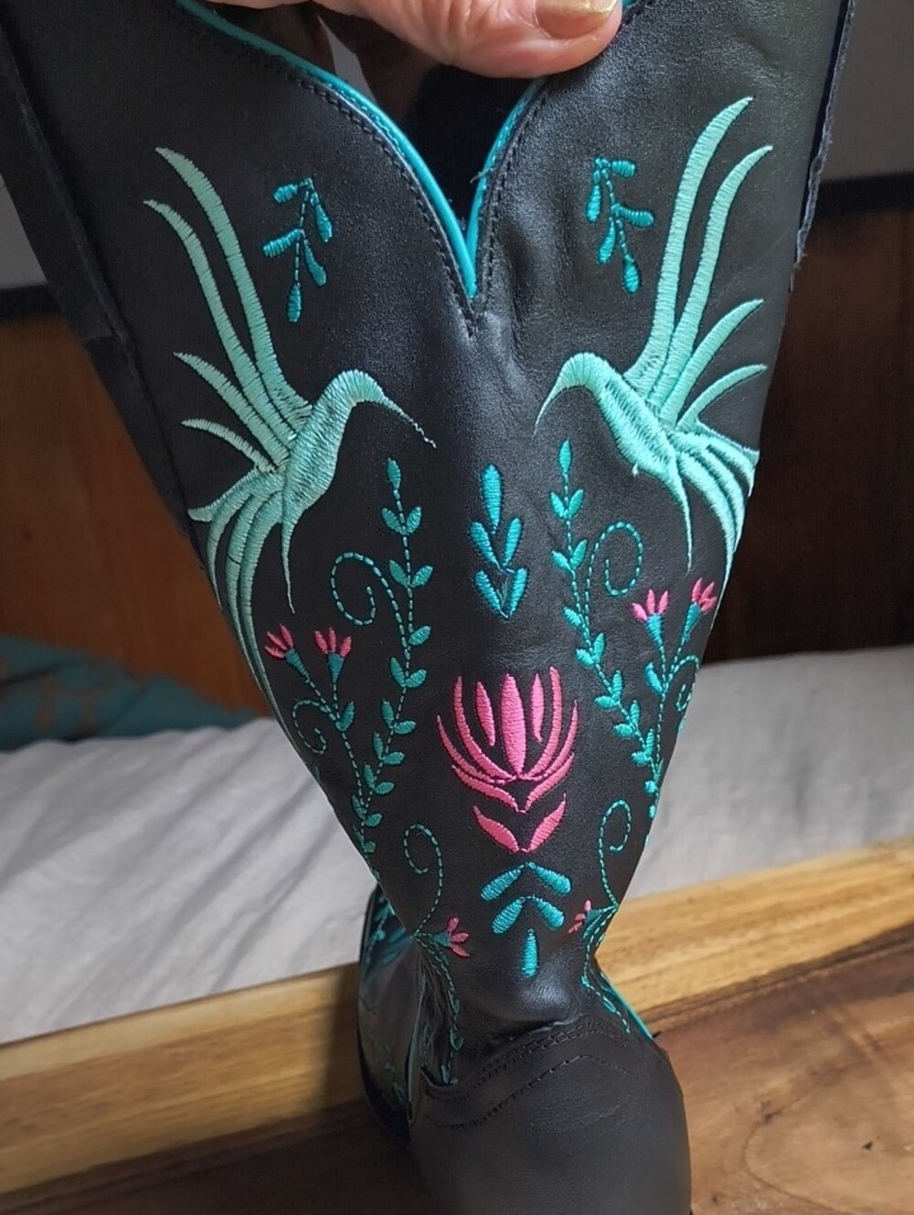 J.B. Dillon Black Western Leather Boots with Turquoise & Pink Embroidery 🩵NEW 8 - Picture 7 of 14